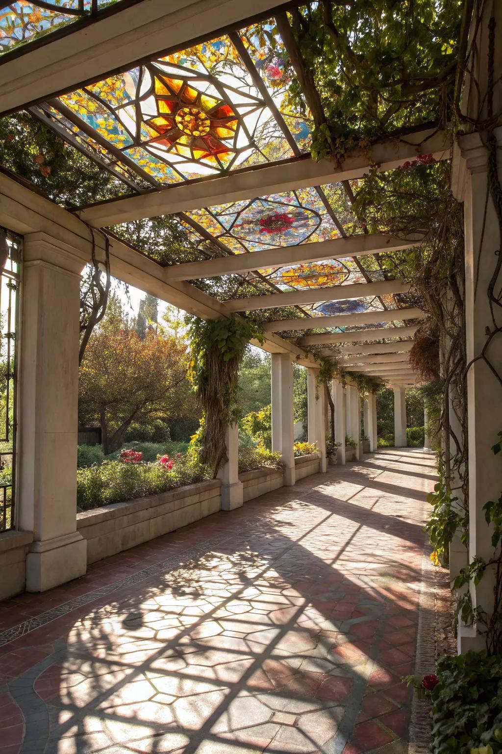 Stained glass panels create a kaleidoscope of colors under the pergola.