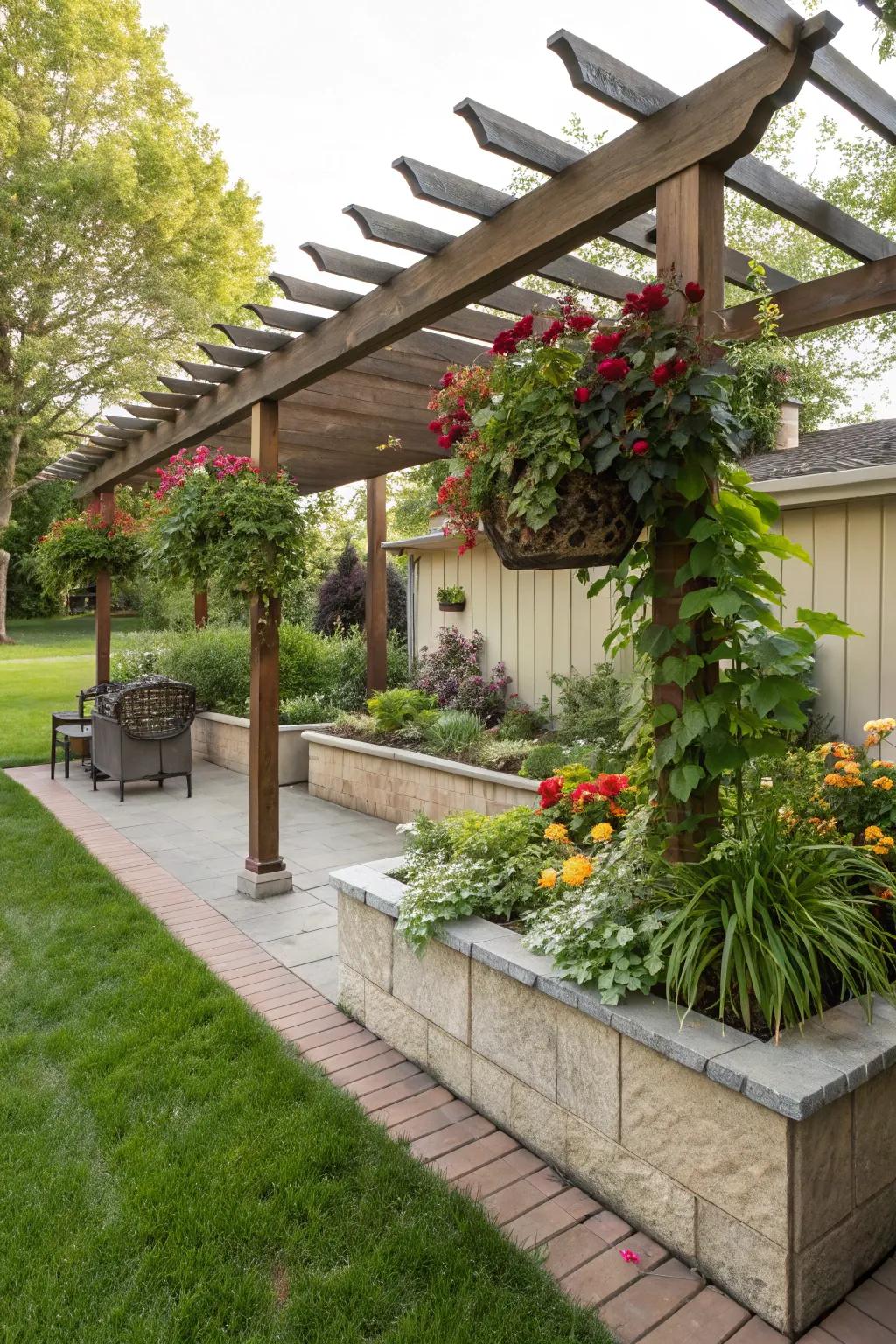 Integrate planters into your pergola for a lush, green touch.