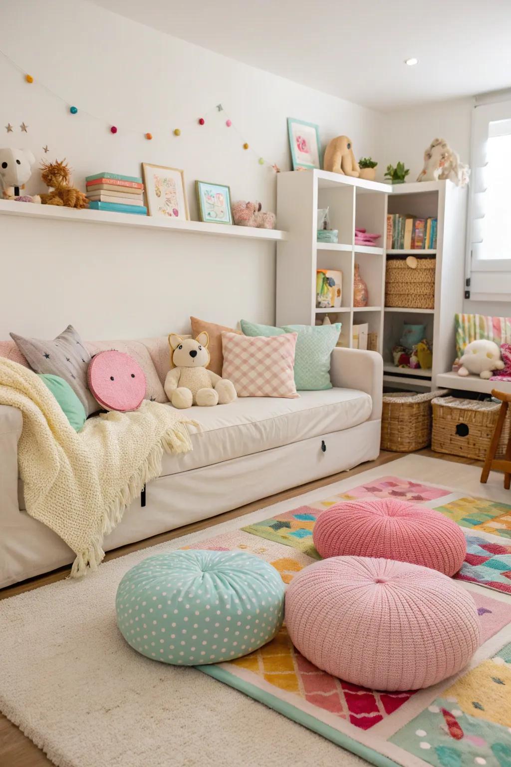 A relaxed playroom with a floor-level couch.