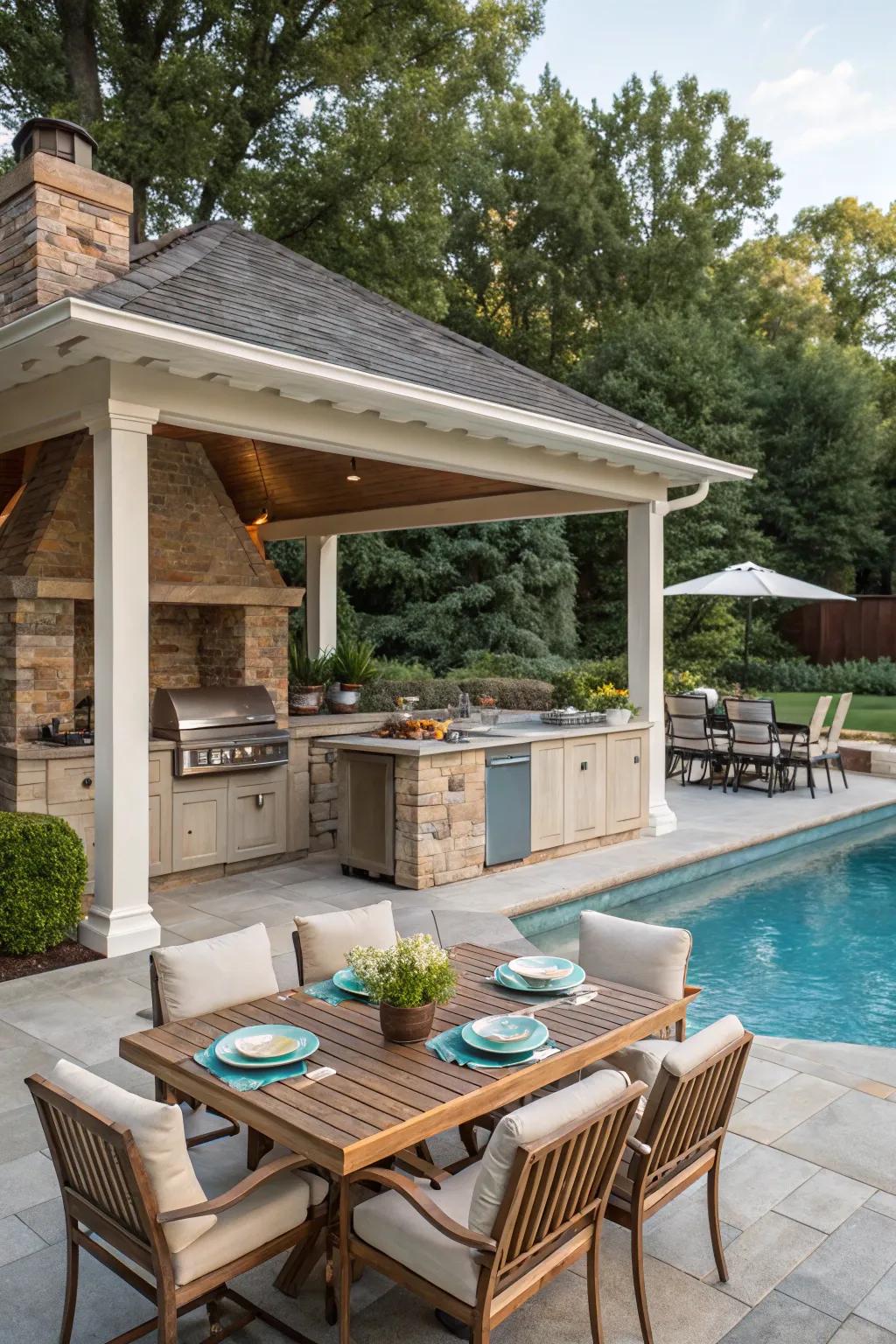 A pool house featuring a delightful outdoor kitchen.