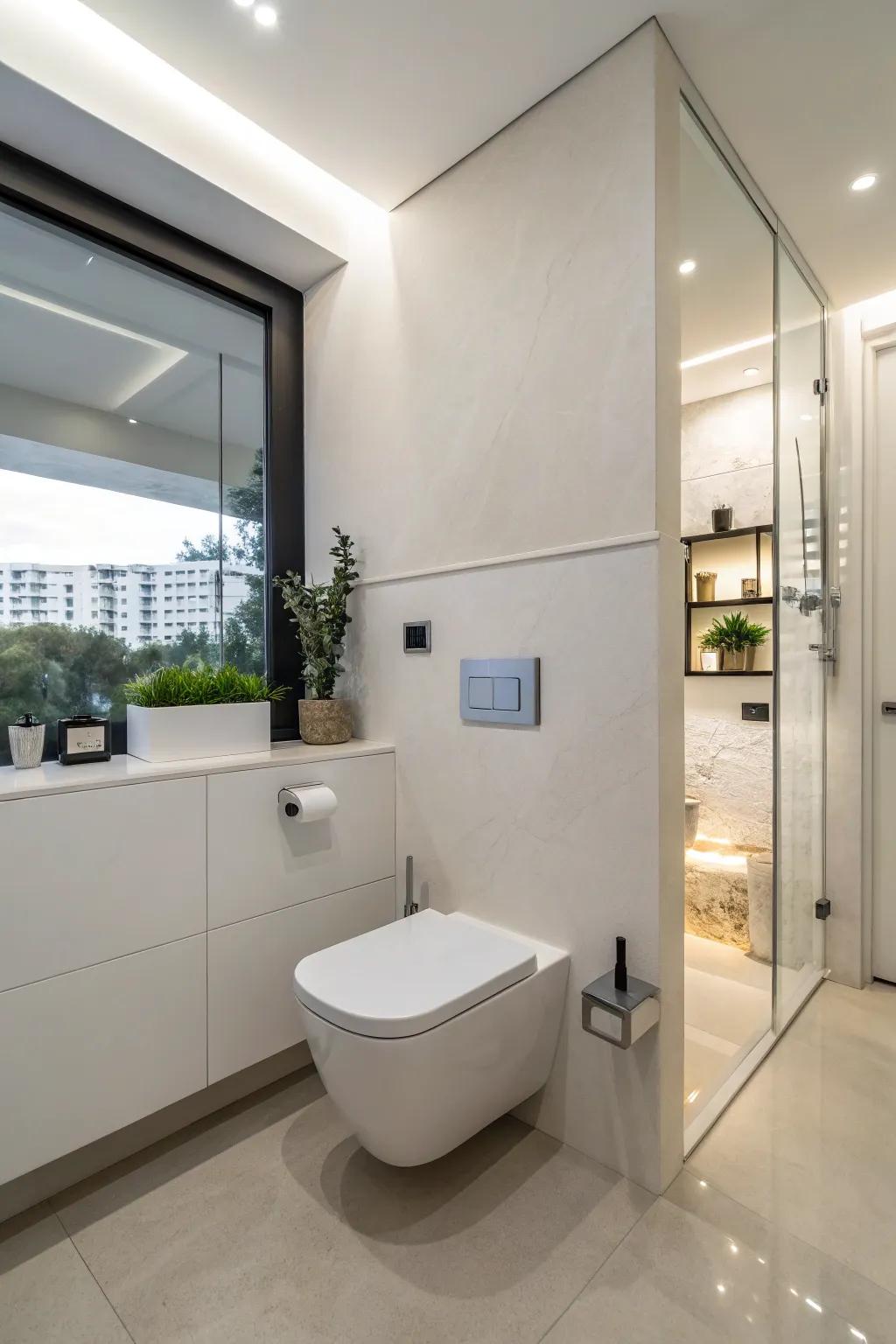 A modern powder room featuring a space-efficient wall-mounted toilet.