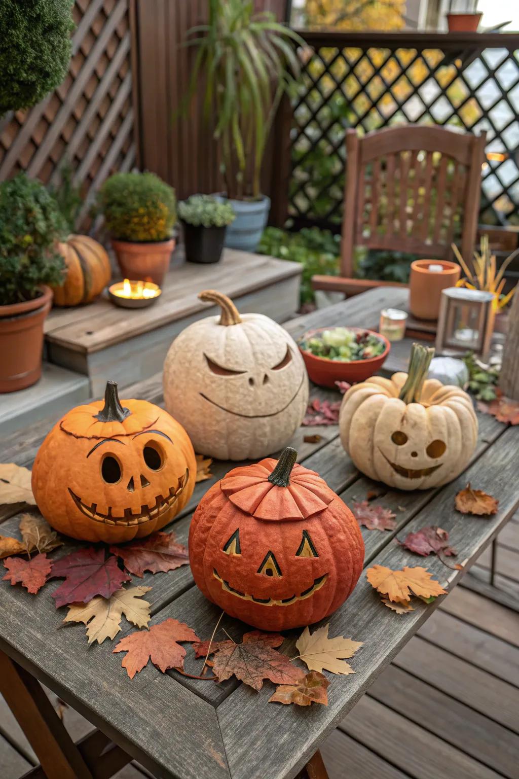 Pumpkins with expressive clay faces.