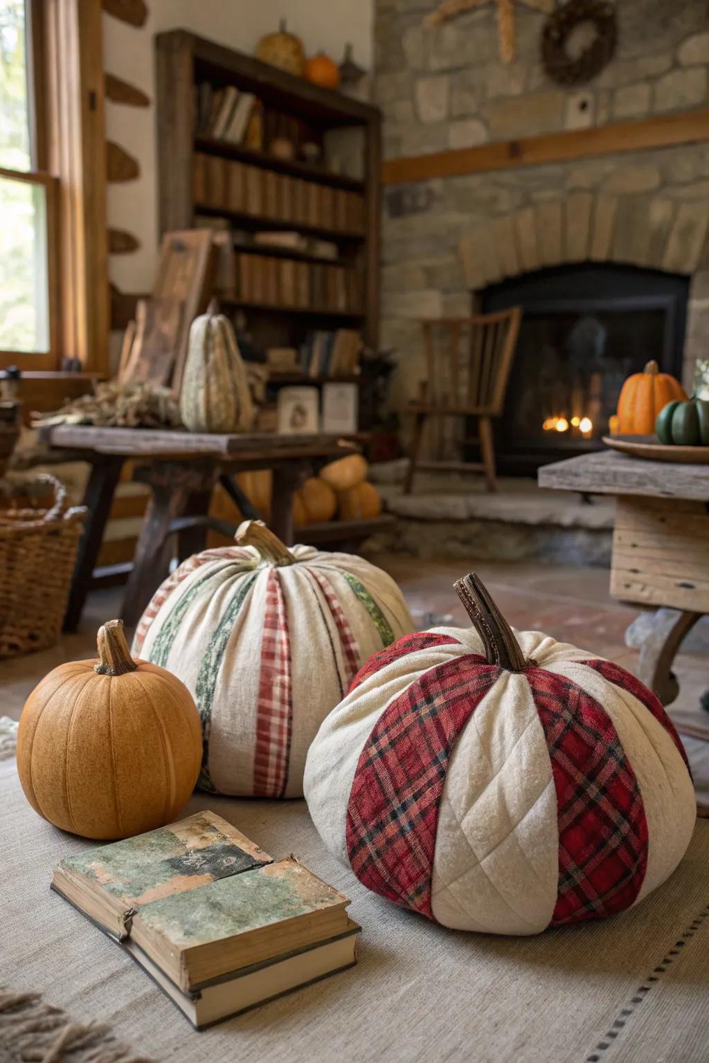 Achieve rustic charm with fabric-wrapped pumpkins.