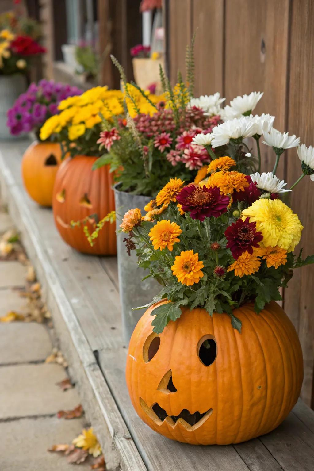 Pumpkins creatively used as vases for a stunning floral display.