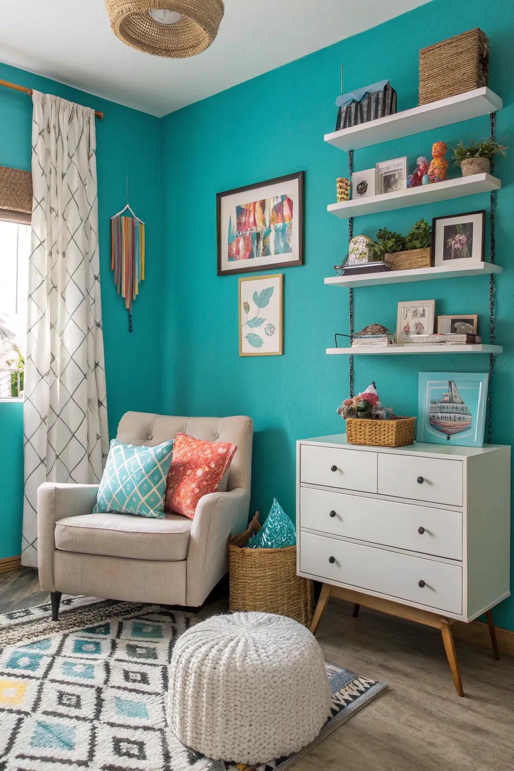 A room with a bold turquoise wall as a happy space.