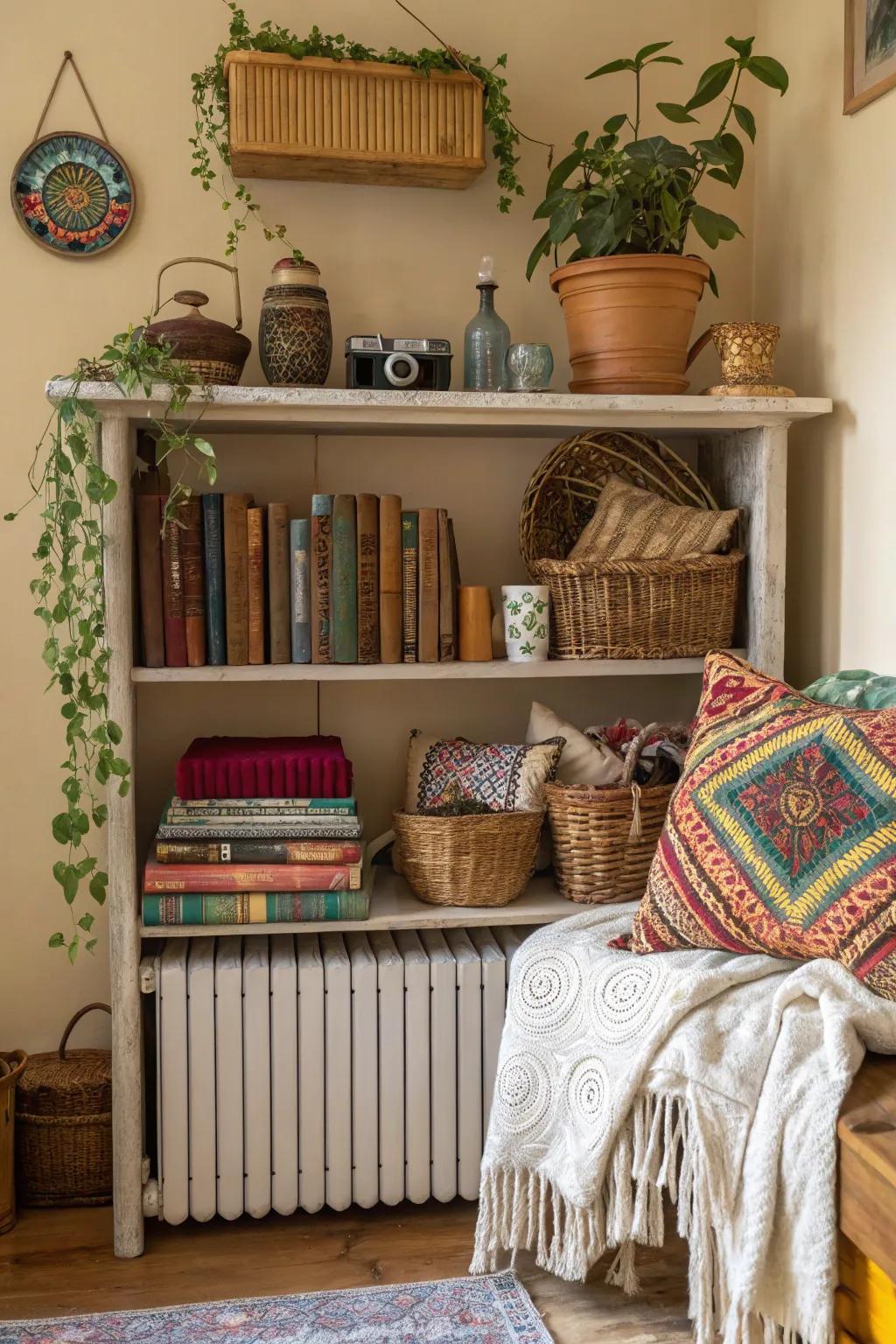 Create a bohemian oasis with a radiator shelf full of texture and color.