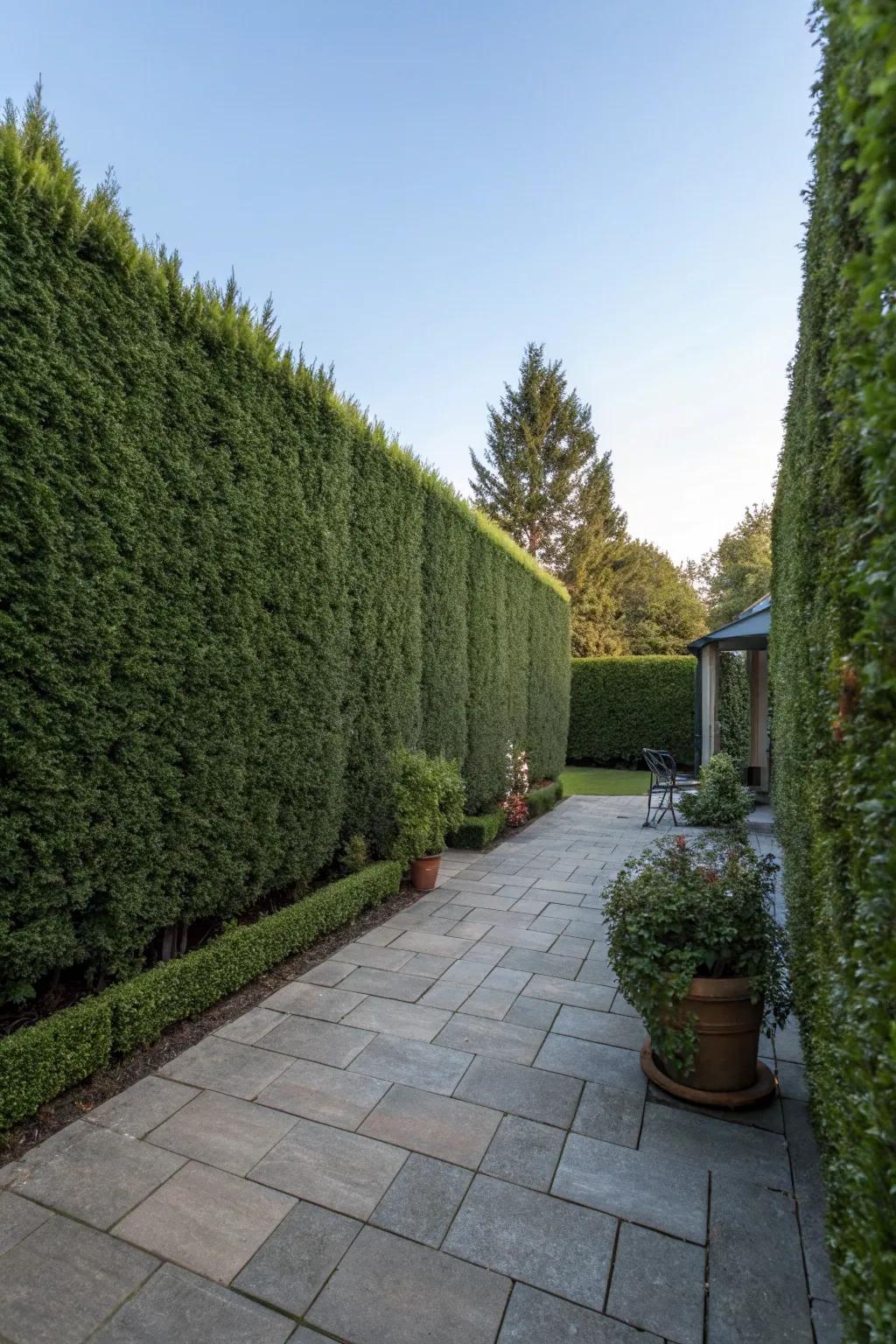 Privacy hedges create a secluded and serene backyard environment.