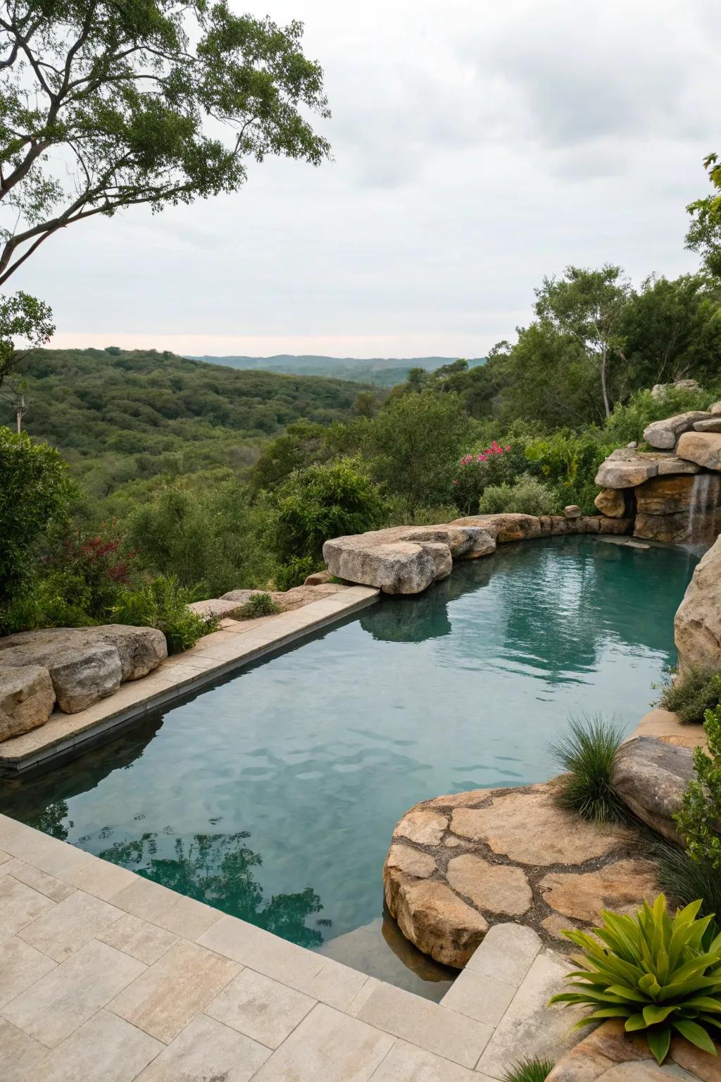 Natural rock formations add an earthy touch to the pool area.