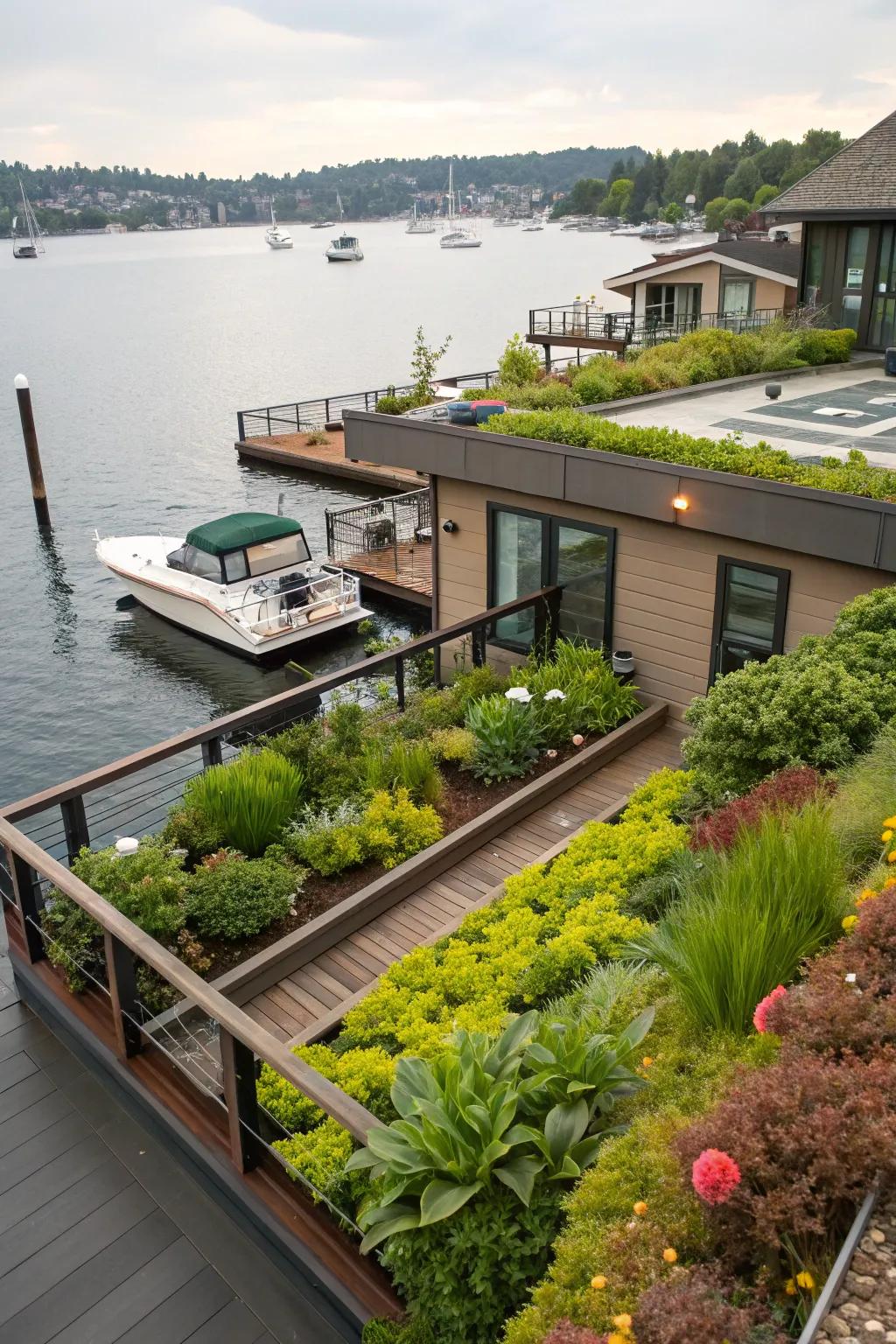 A dock enhanced by a vibrant rooftop garden.