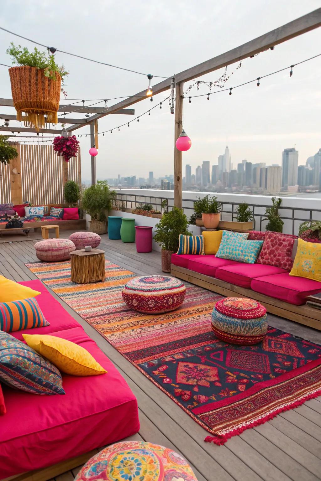 Make a statement on your rooftop deck with a bold color scheme.