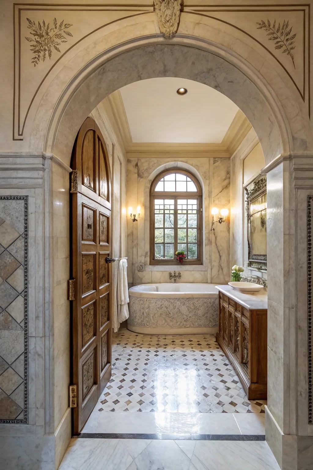 Arches add architectural interest to this beautifully designed bathroom.