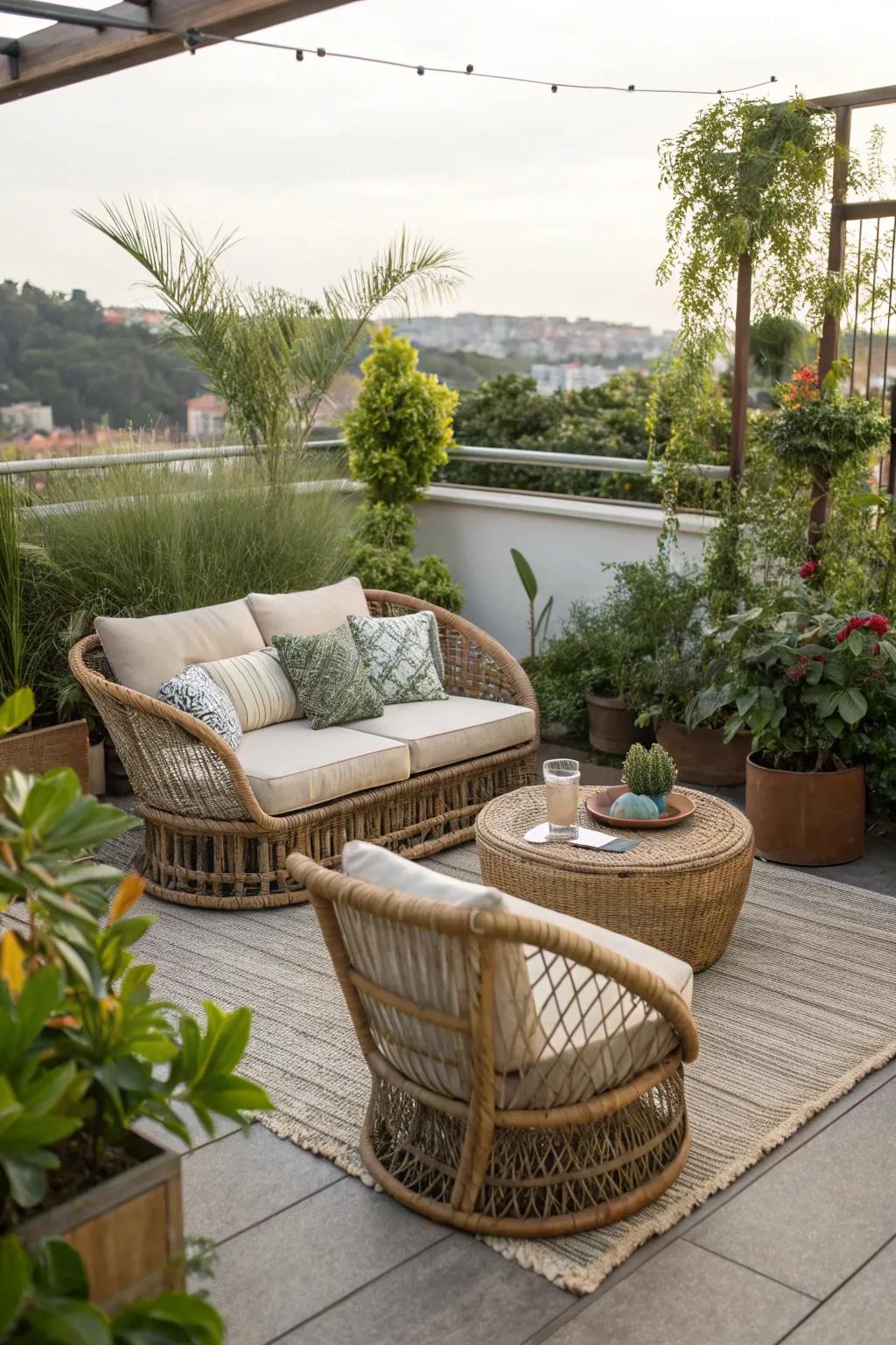 Rattan furniture adds a bohemian touch to a rooftop retreat.