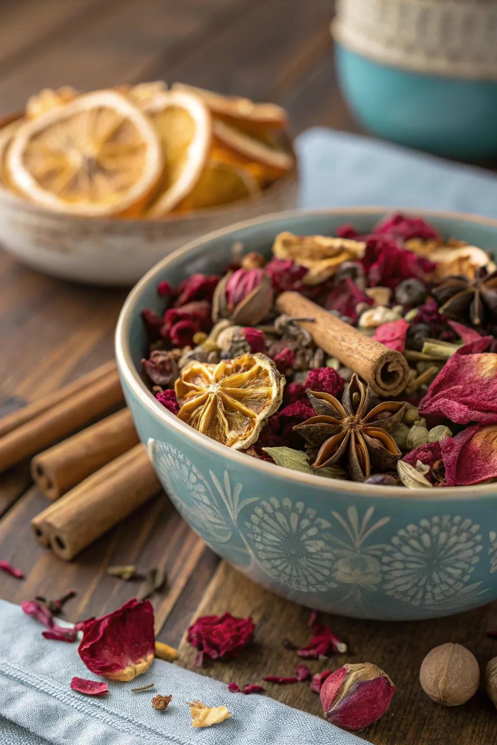 A fragrant potpourri made from dried rose petals