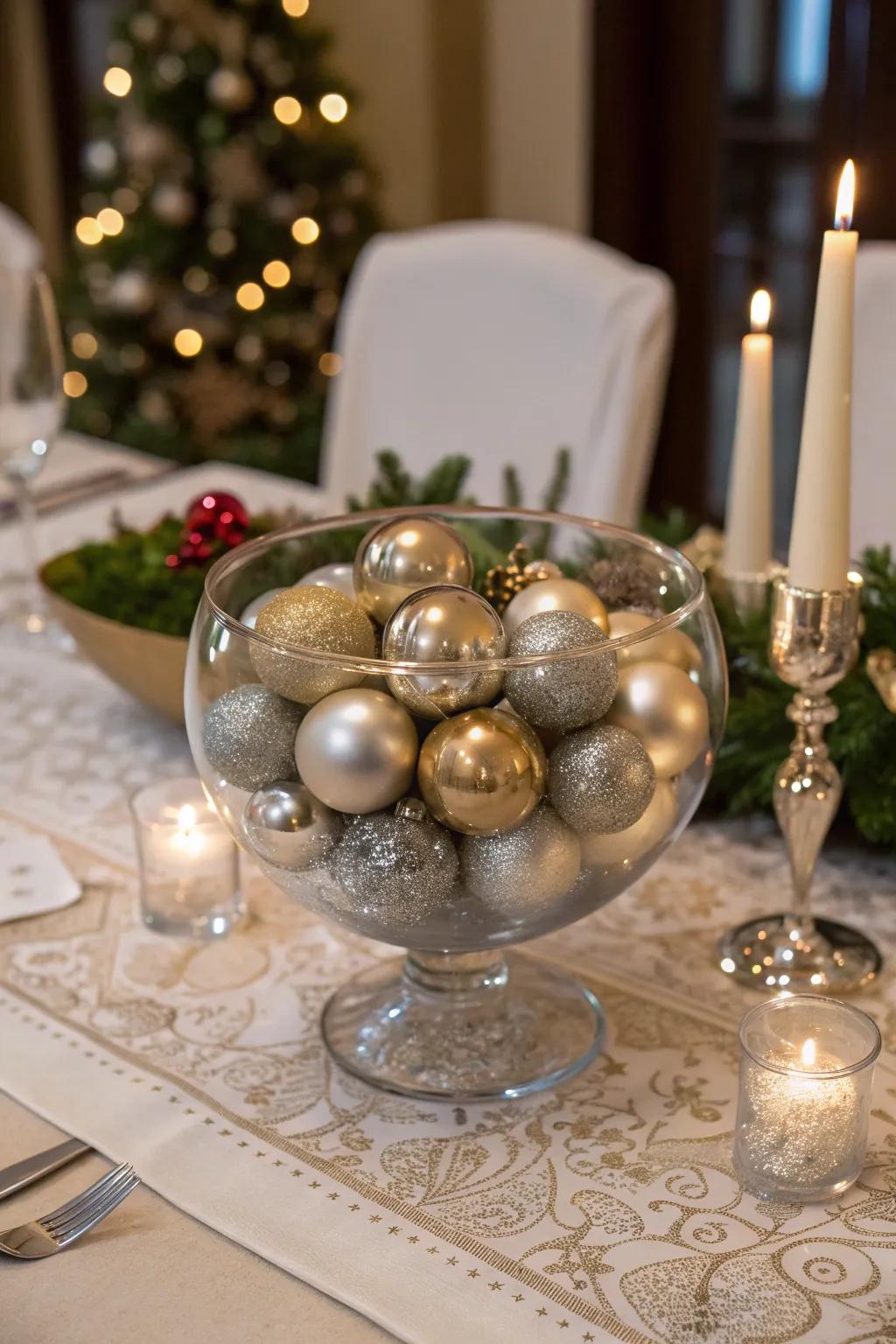 Metallic spheres in a glass bowl add a glamorous sparkle to your decor.