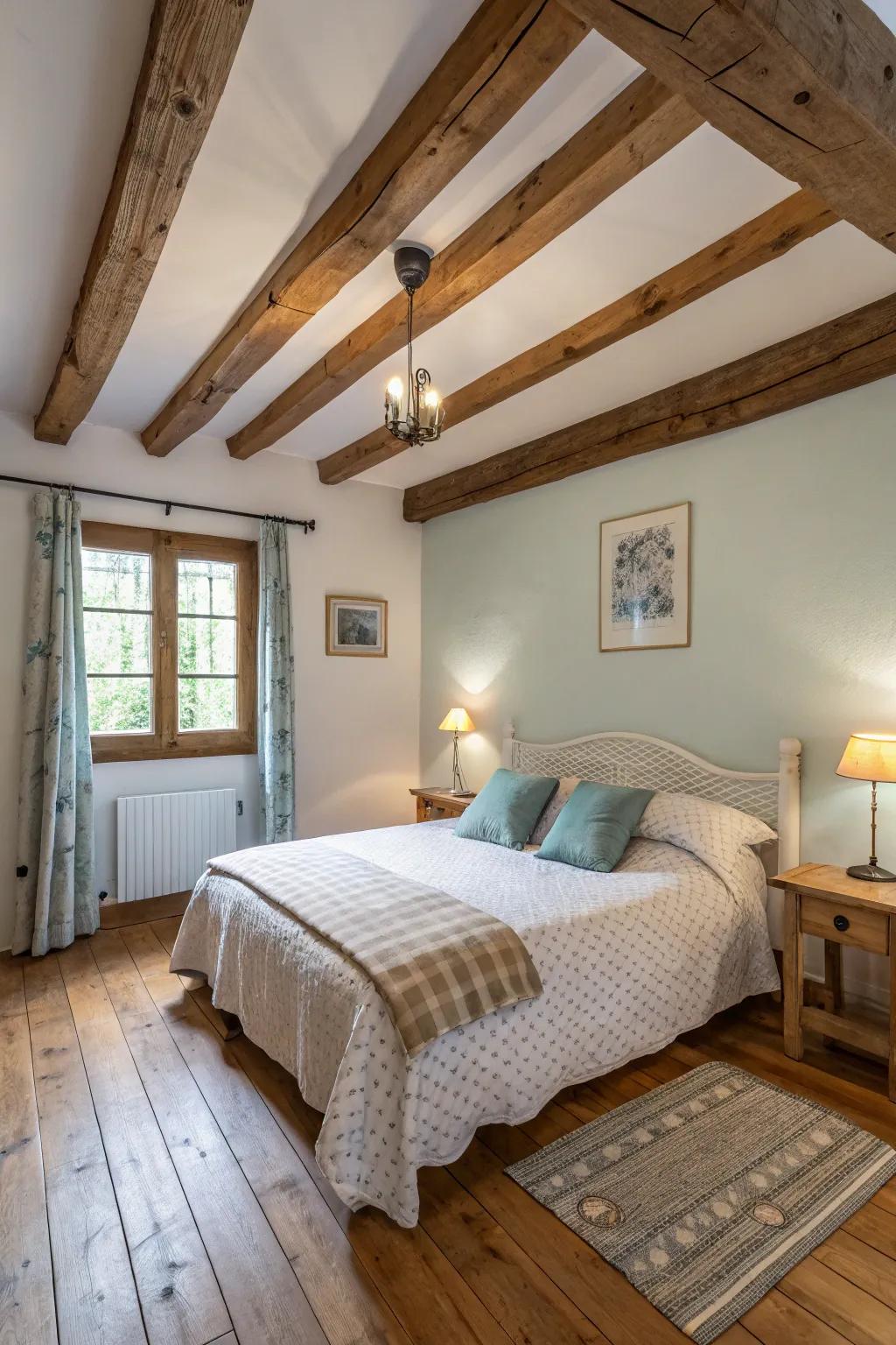 Minimalistic decor creates a clean look in this rustic bedroom.