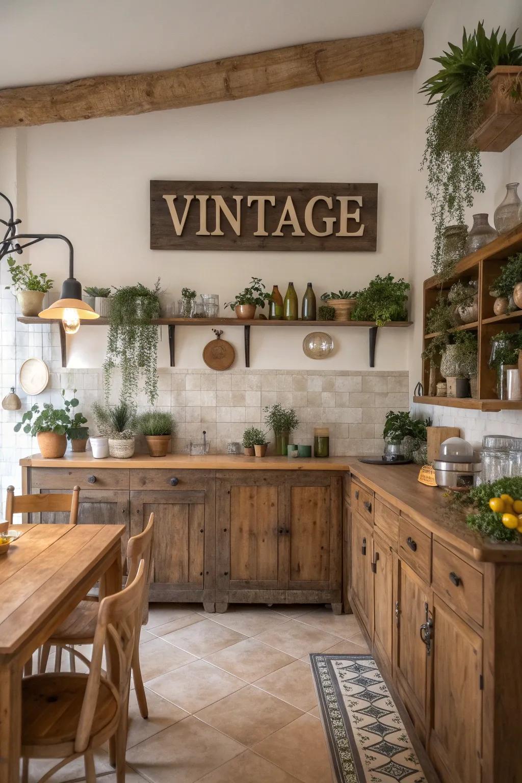 A kitchen enhanced by a charming vintage sign.