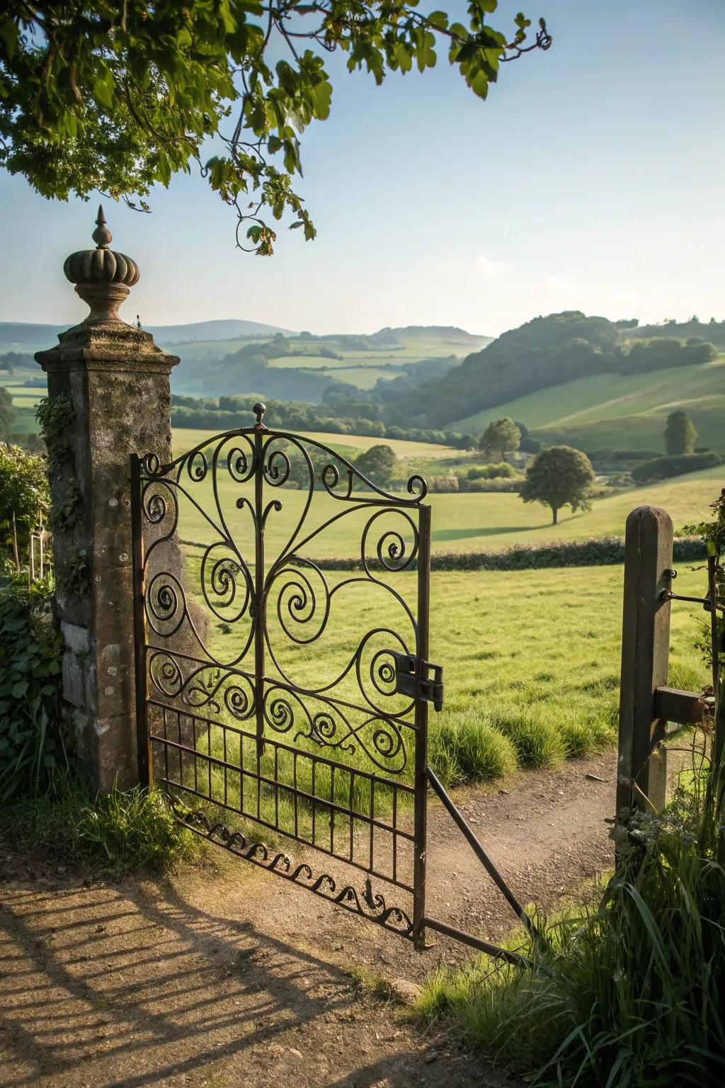 Elegance through intricate iron scrollwork on a farm gate.