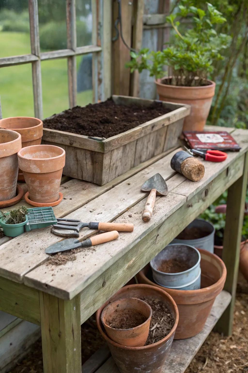 A rustic potting station ready for gardening tasks.