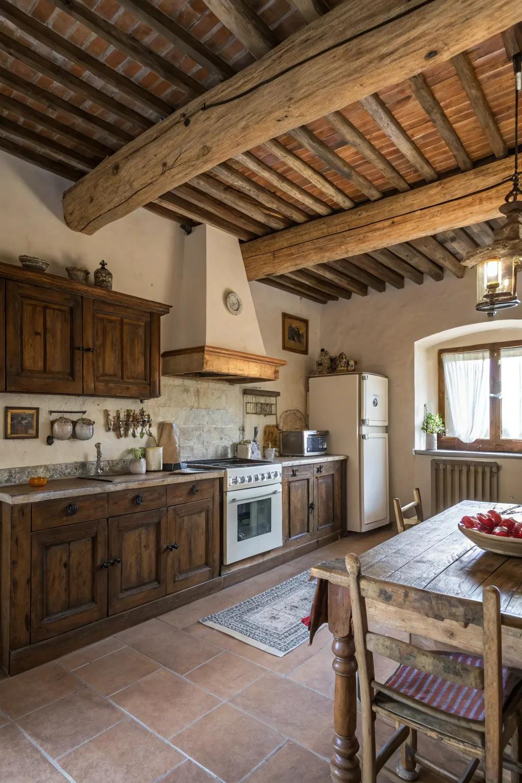 Exposed beams add structural beauty and warmth to rustic kitchens.