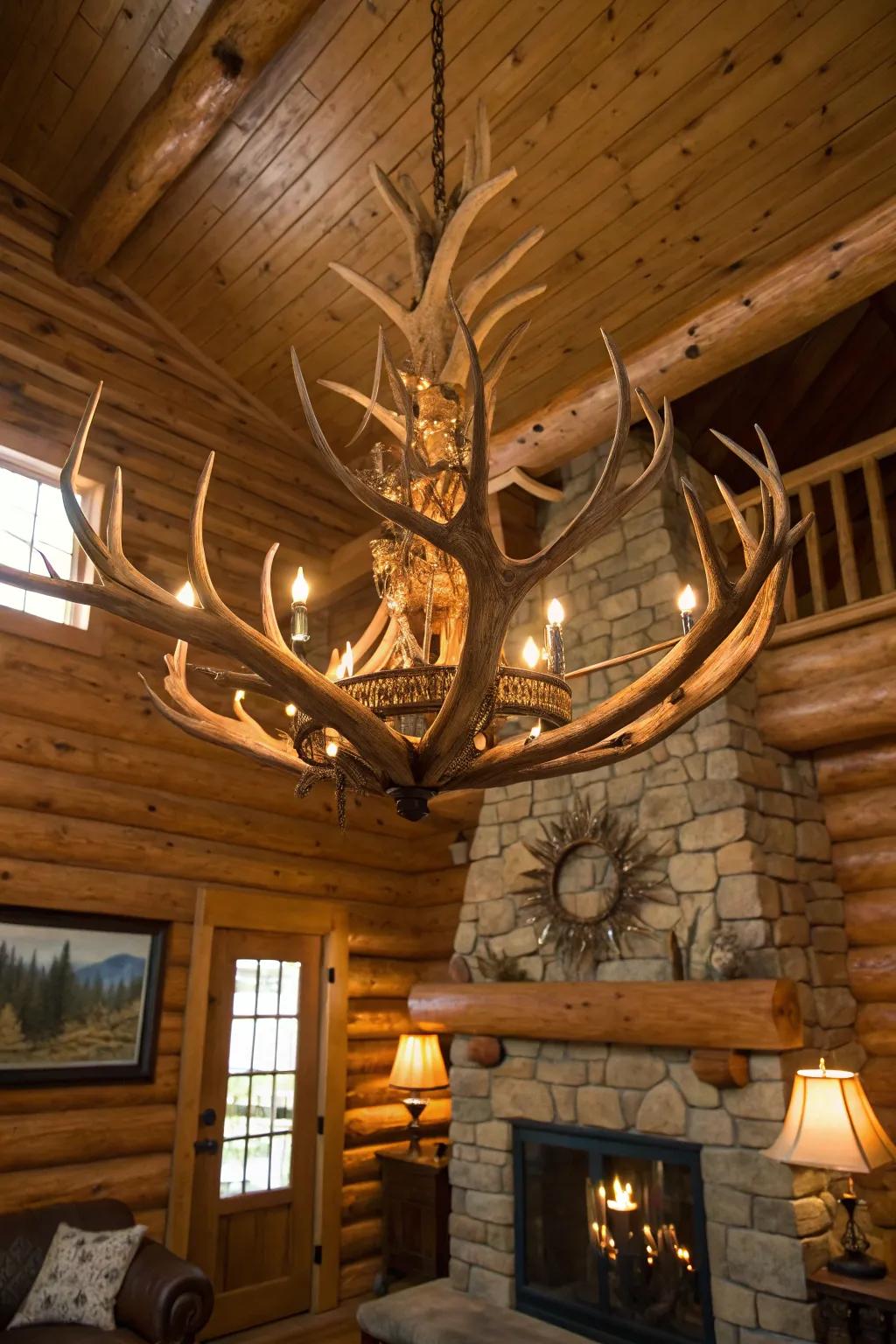 Antler-inspired lighting adds a unique charm to this rustic cabin.