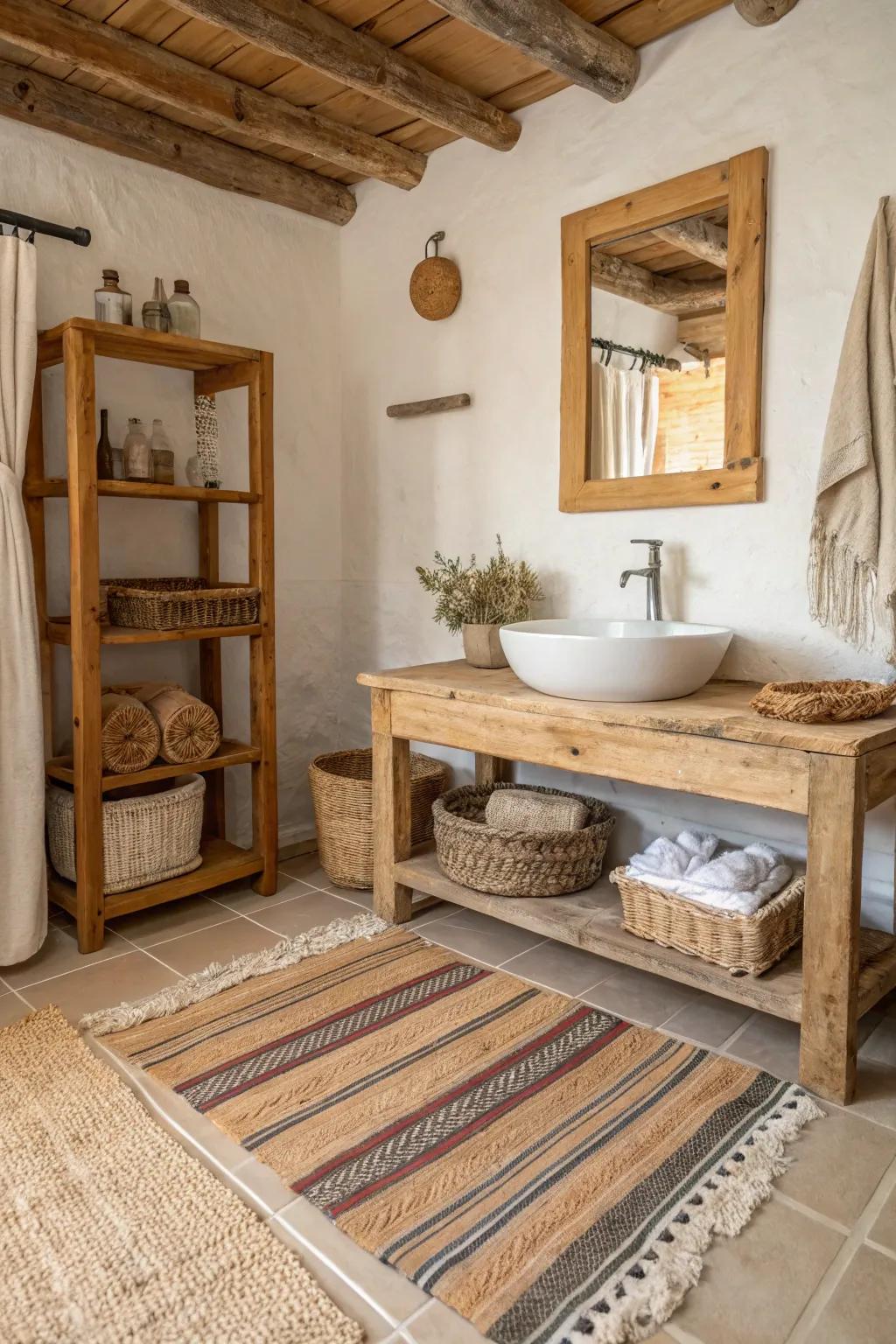 Handwoven rugs add warmth and texture to the bathroom.