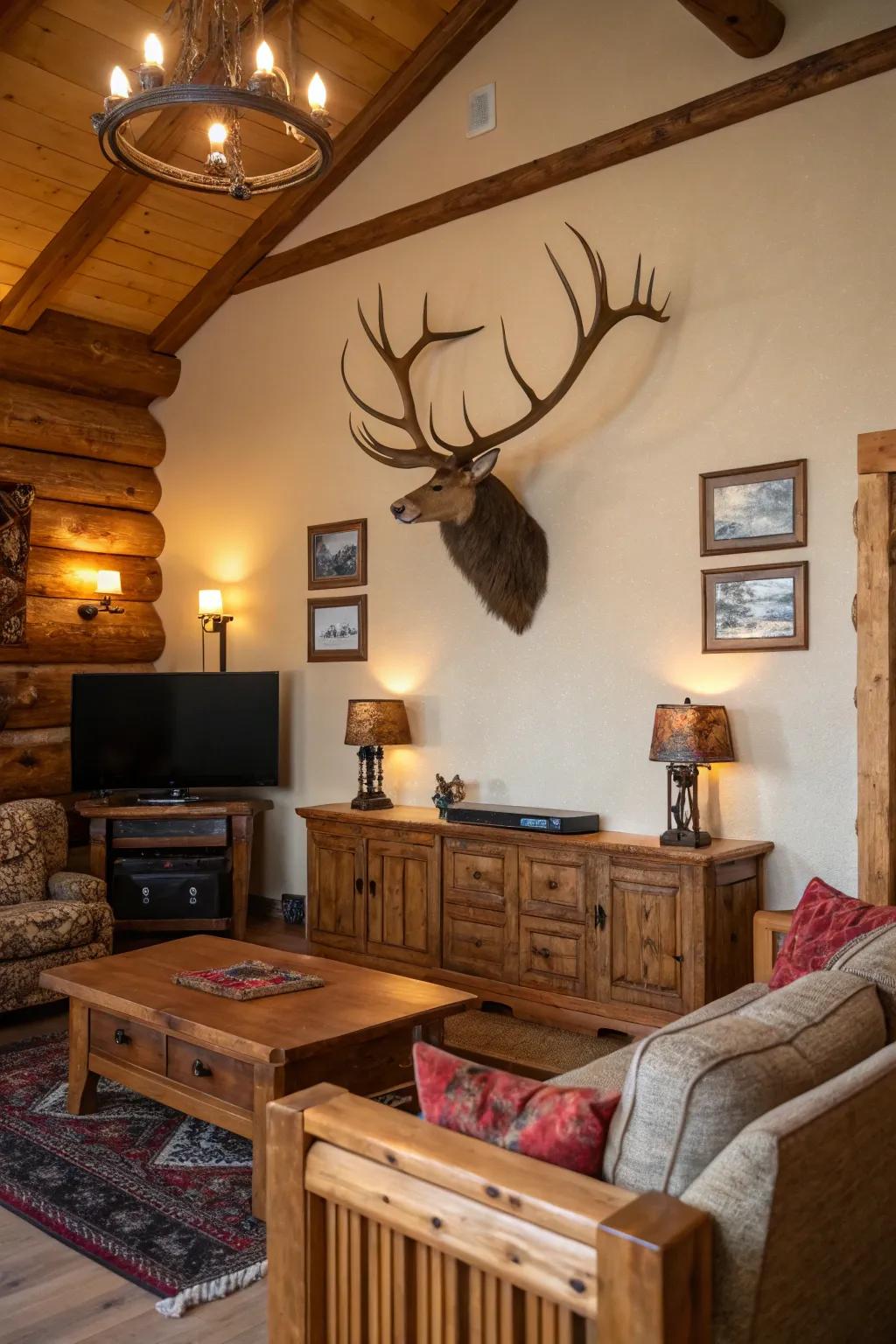 A faux antler wall mount serves as a striking statement piece in rustic decor.