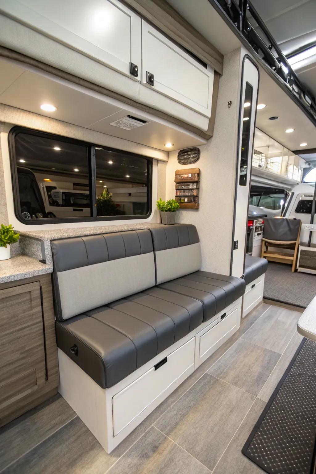 Bench seating maximizes space and seating in RVs.