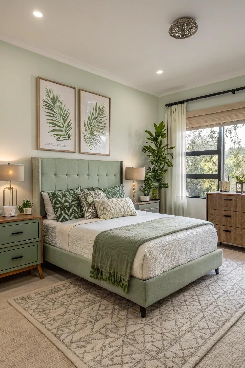 Sage green furniture adds a bold yet calming touch to a modern bedroom.