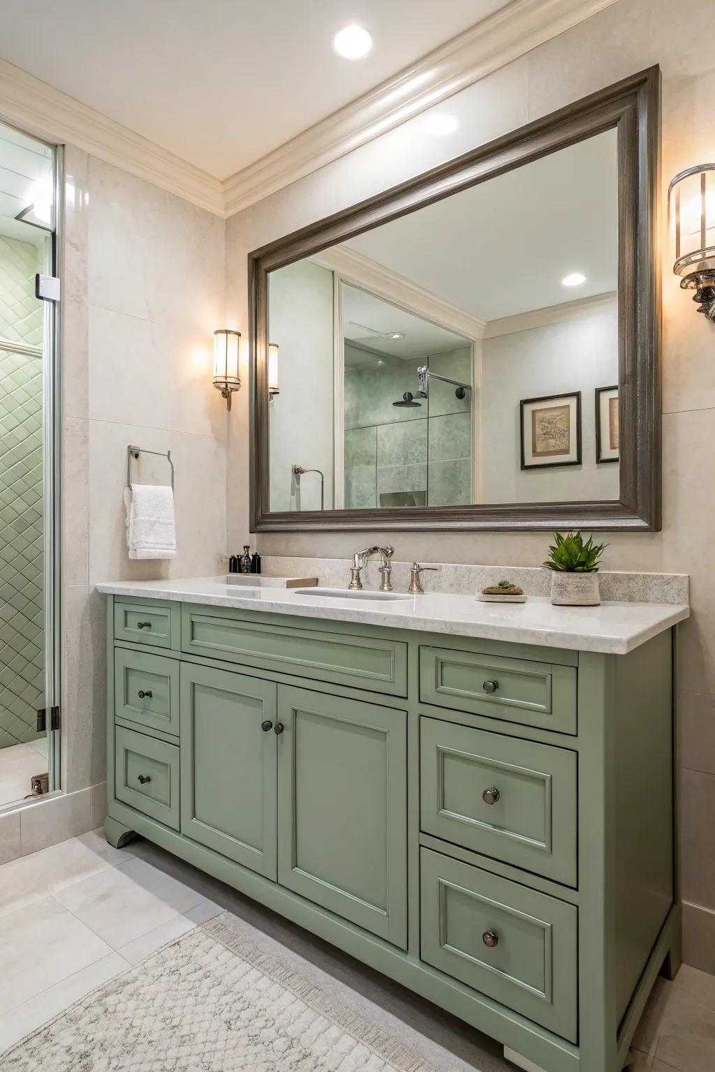 A spacious bathroom with a large mirror that complements a sage green vanity.