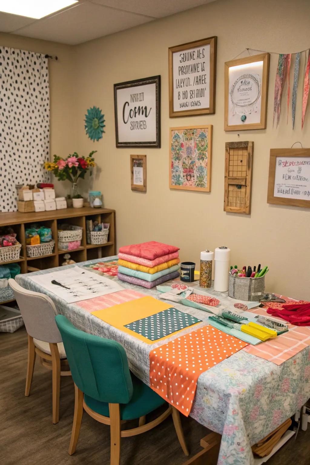 A creative crafting corner encourages relaxation and artistic expression.