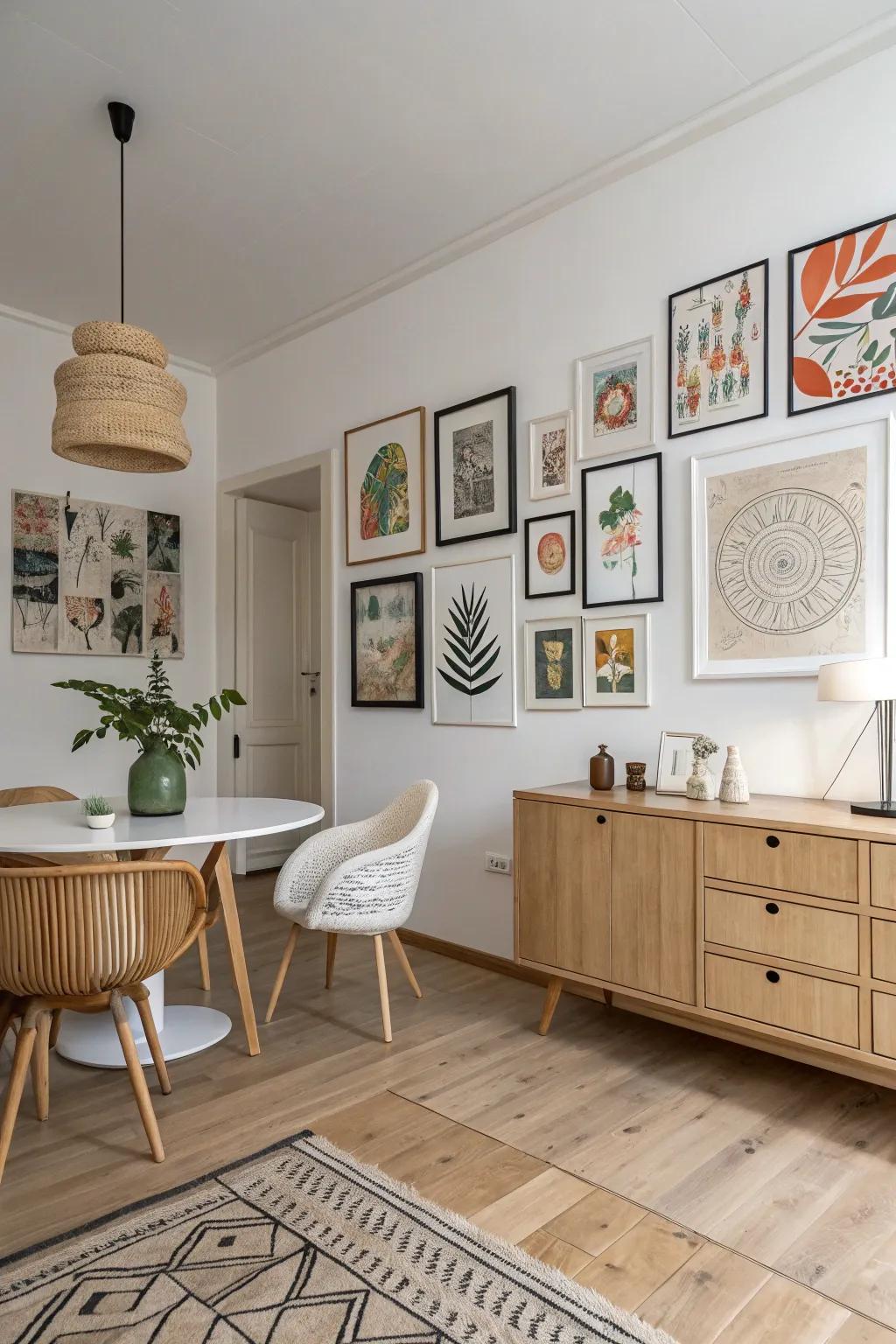 Eclectic art pieces bring personality to this Scandinavian room.