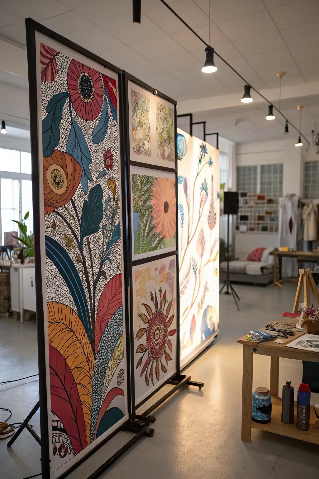 Custom artistic designs turn screen walls into unique art pieces.