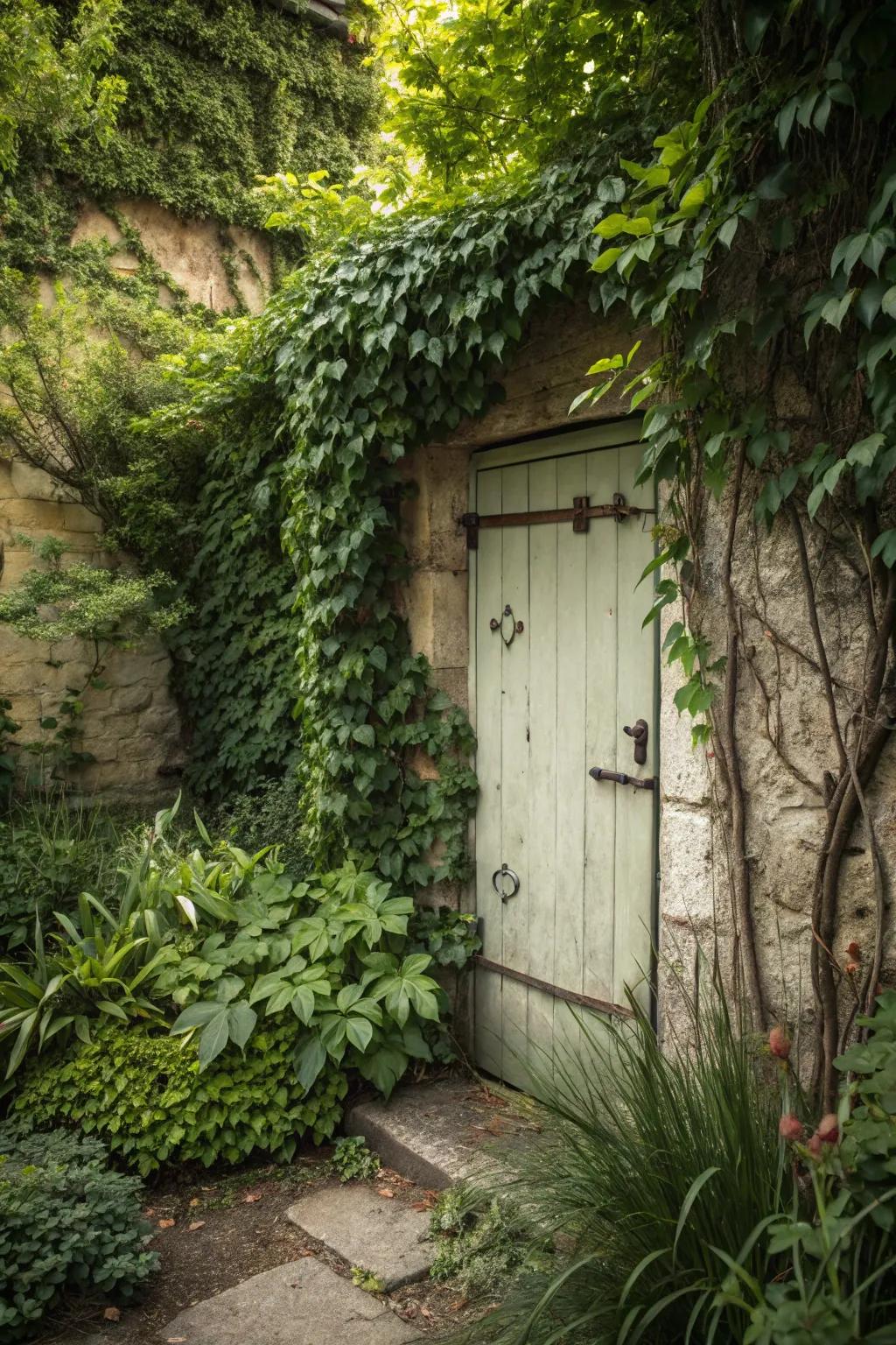 Hidden hinges create a seamless, mysterious garden entrance.