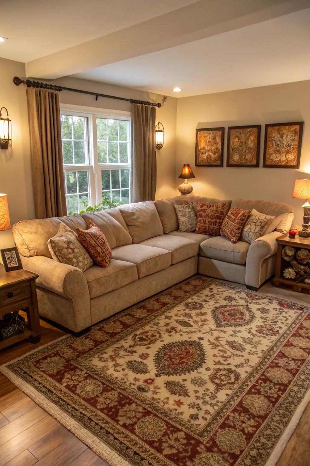 A rug can anchor your sectional and bring warmth to the room.