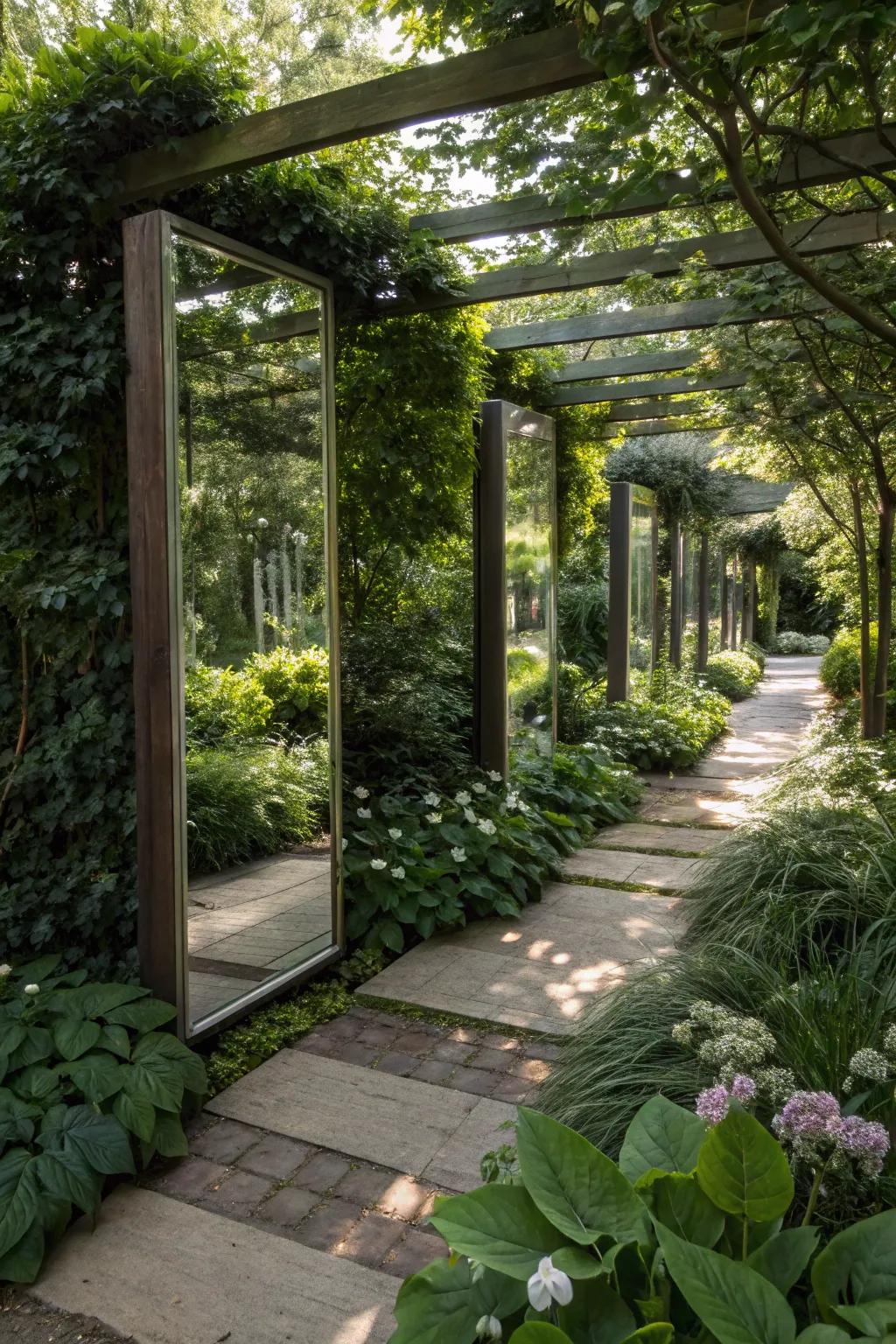 Reflective surfaces brightening dark garden corners.