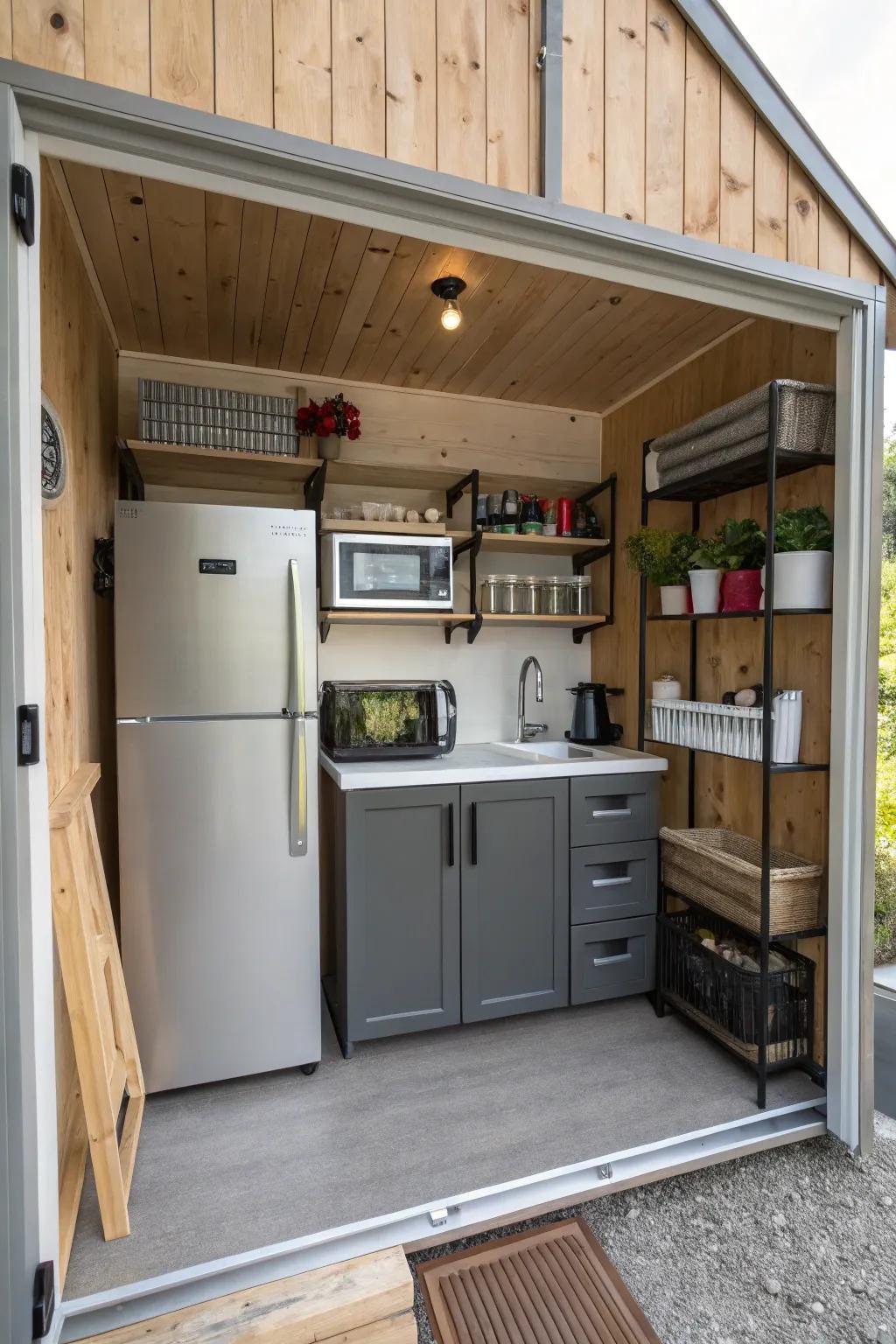 A compact kitchenette adds convenience to your bunkhouse.