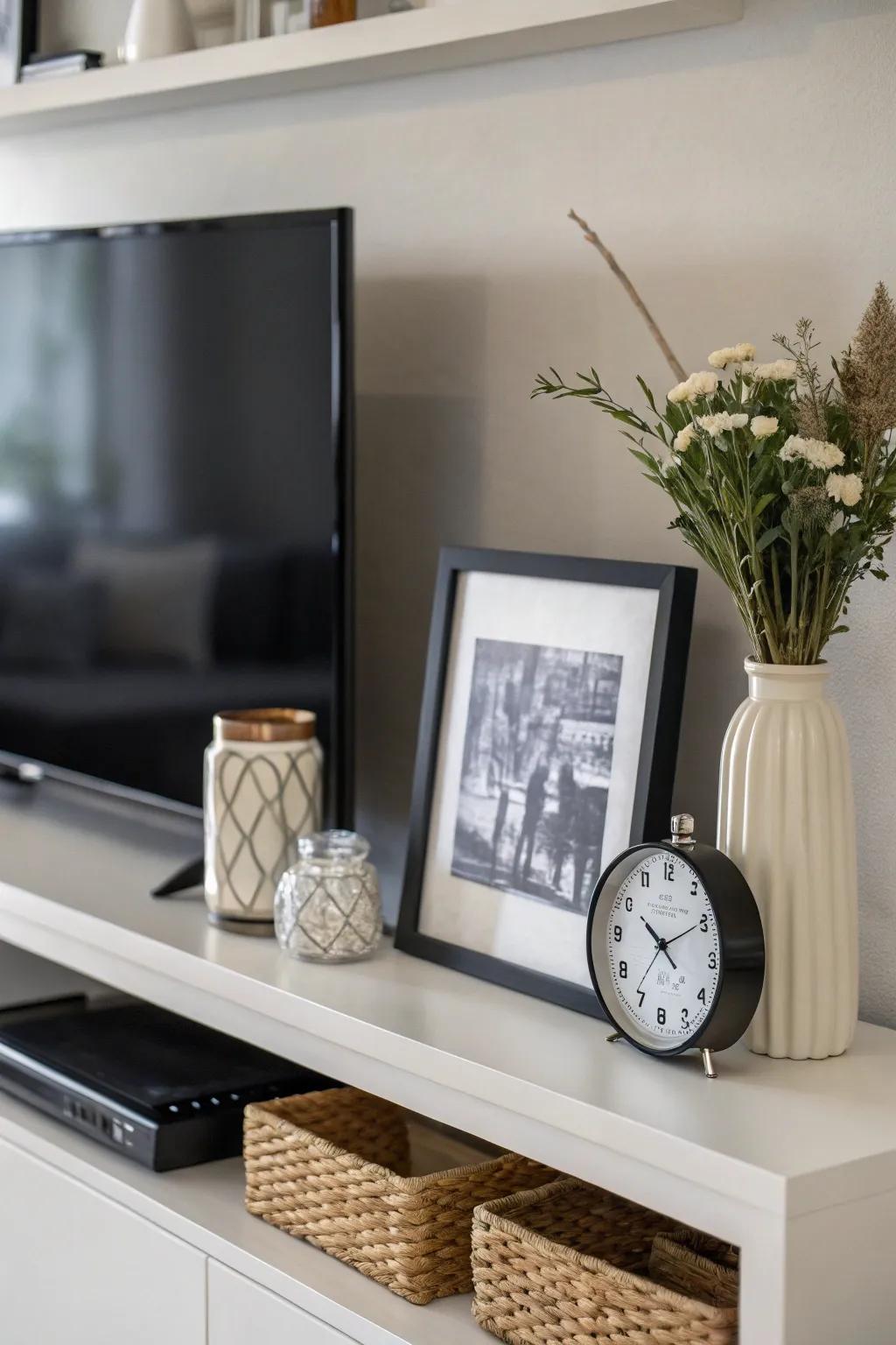 A minimalist shelf creates a clean and modern look above the TV.