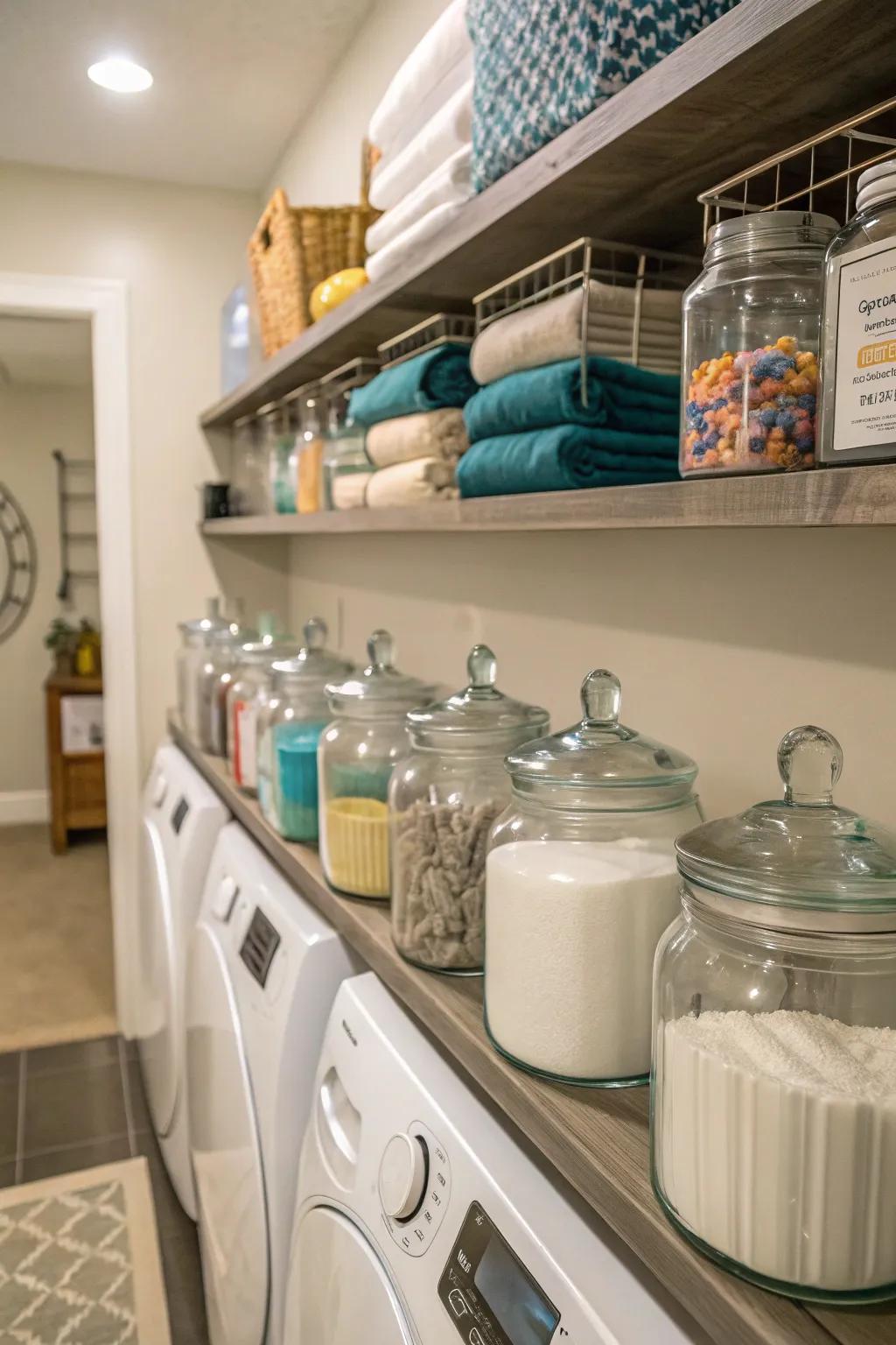 Glass jars on utility room shelves, showcasing laundry essentials in a stylish and accessible manner.