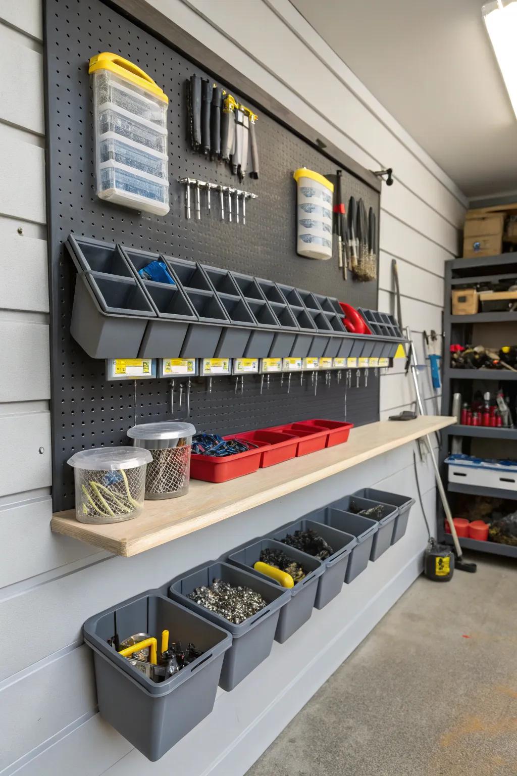 Tilt-out bins on a slatwall organize small items efficiently.