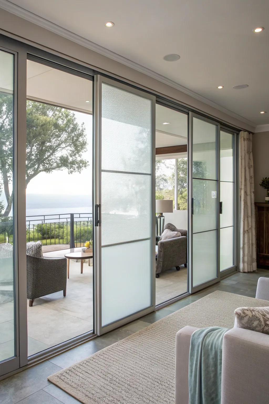 Frosted glass film offers privacy while maintaining light.