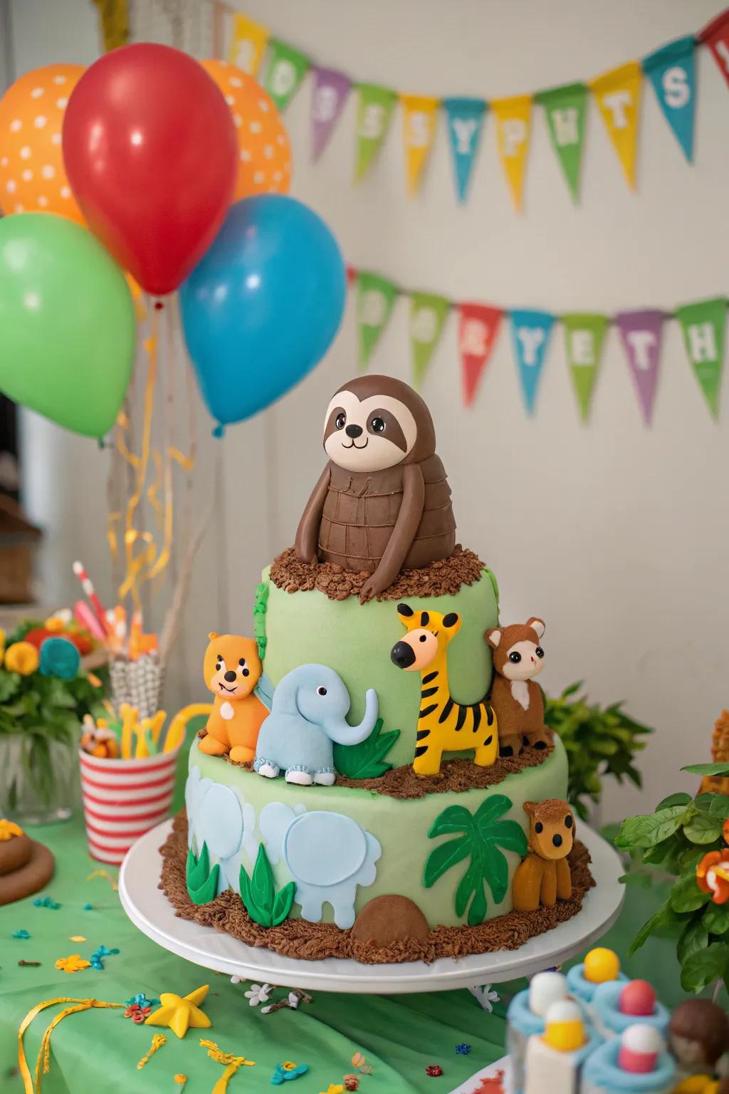 Jungle friends make this sloth cake a social centerpiece.