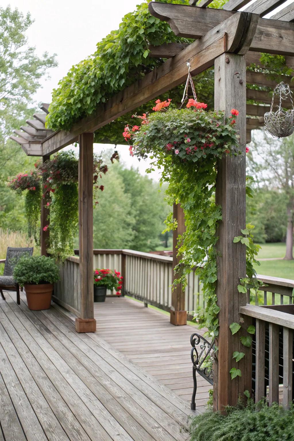 A rustic pergola offering shade on a small deck.