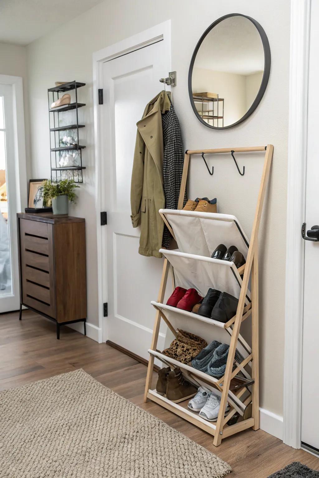 Foldable racks offer flexible and temporary shoe storage.