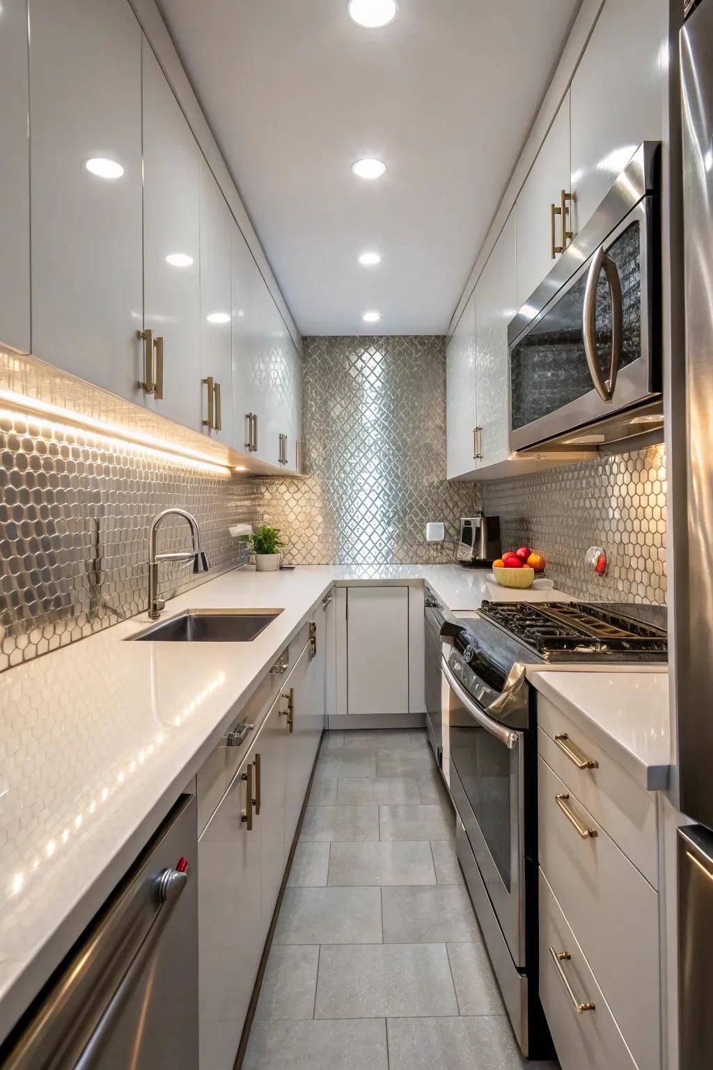 A bold backsplash adds depth and vibrancy.