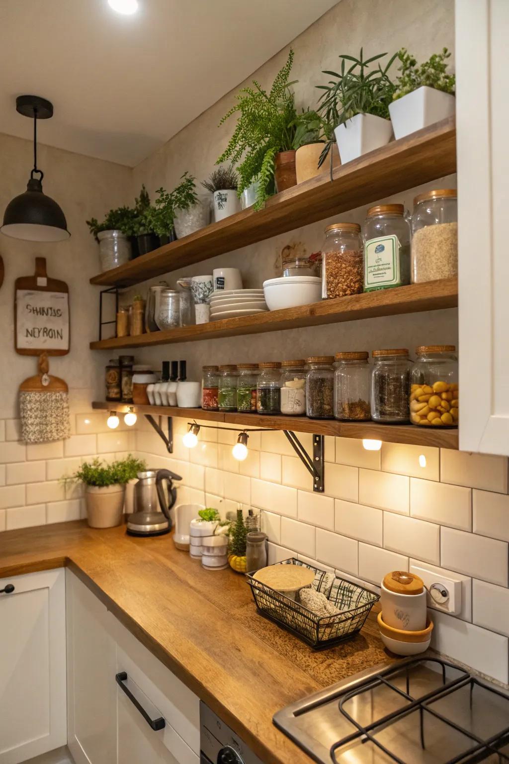 Floating shelves offer practical storage with style.