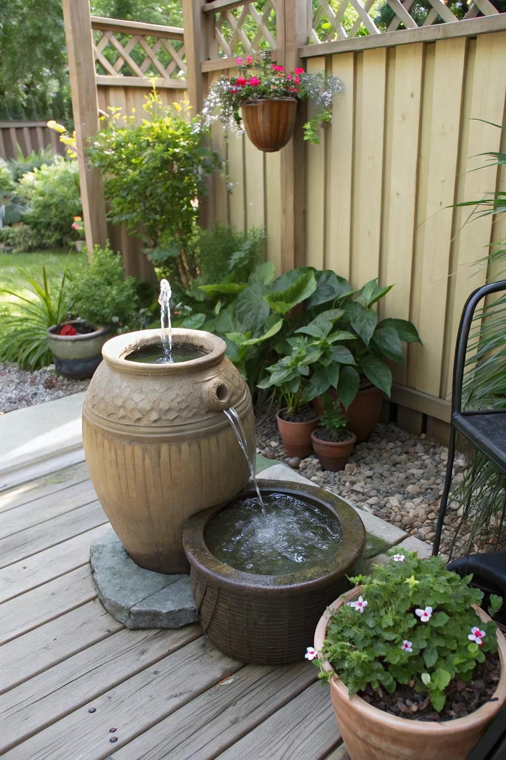 A DIY water fountain adds a soothing element to the patio.