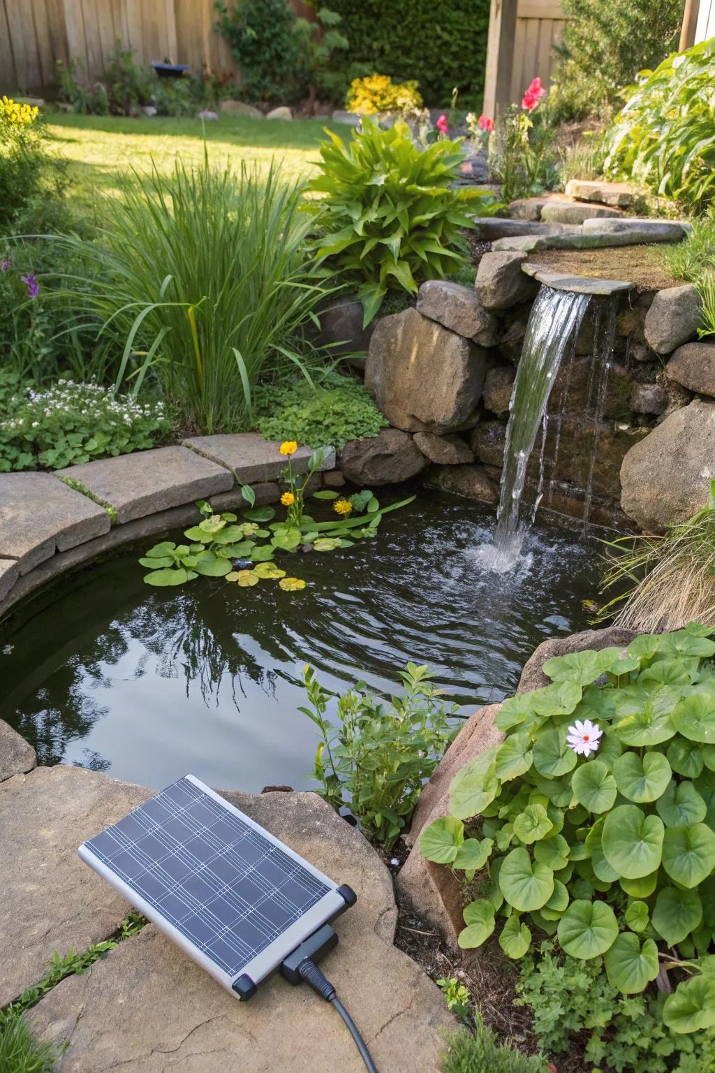 Sustainable design with an eco-friendly pond and waterfall.