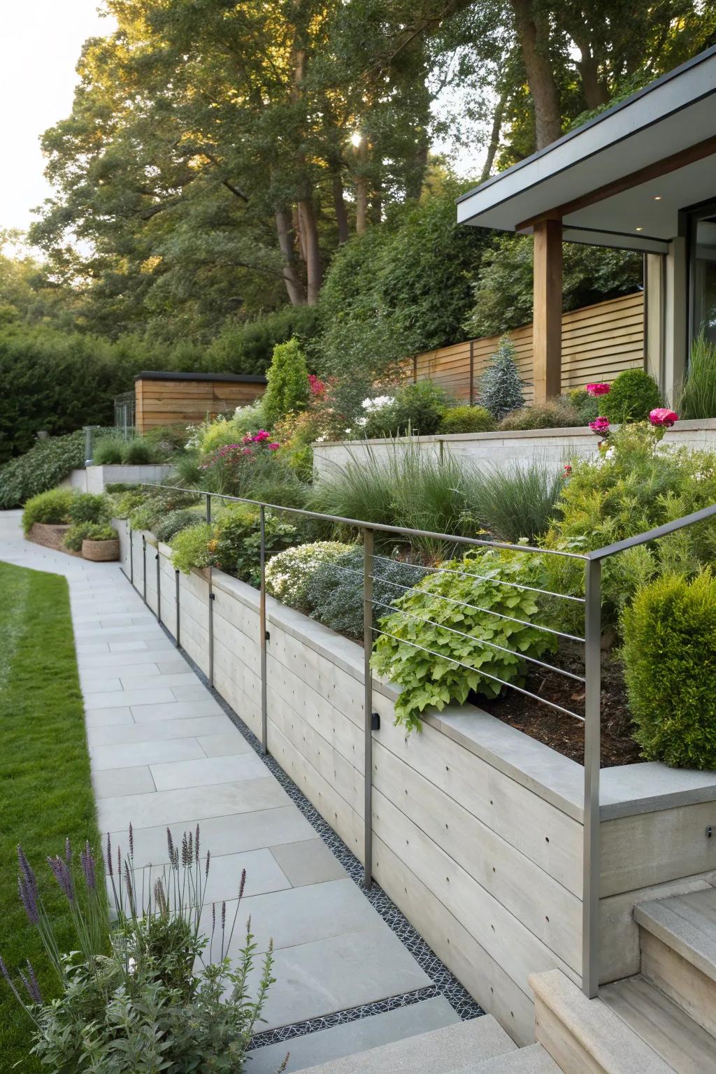 Metal elements bring modernity to retaining walls.