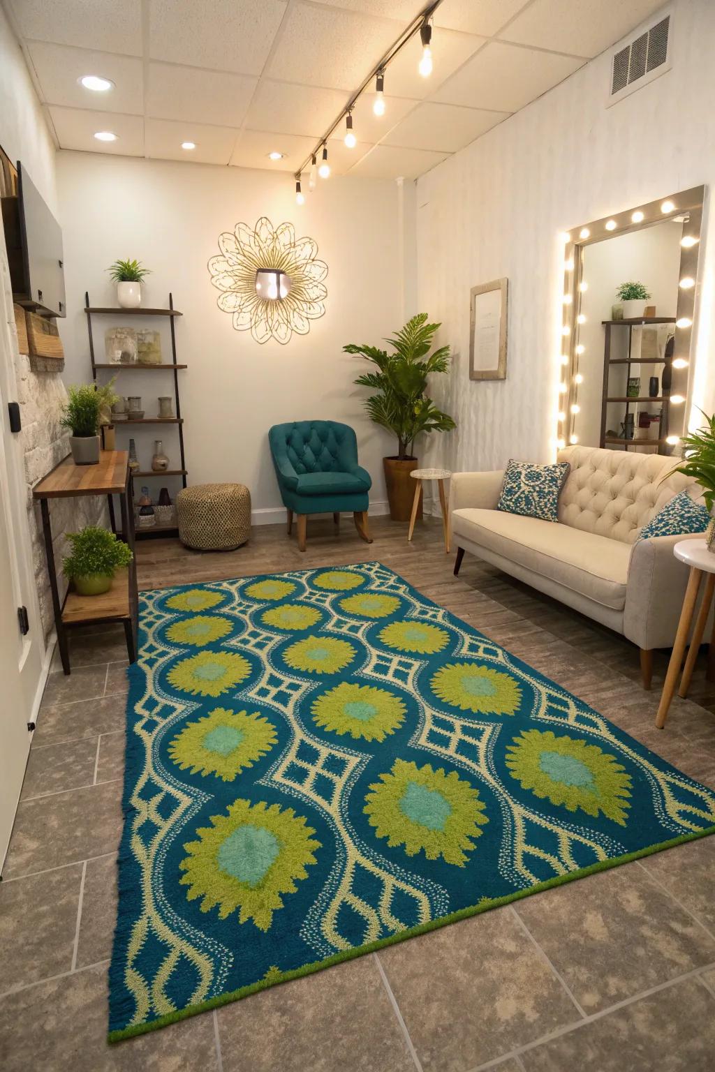 Statement rugs that add warmth and style to the salon.