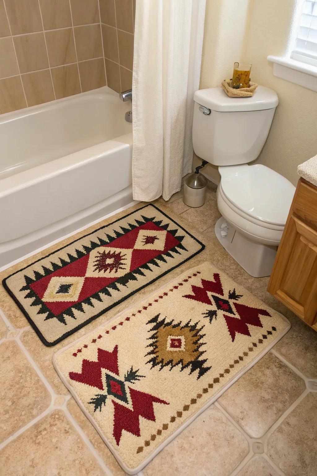 Printed bath mats provide style and comfort.